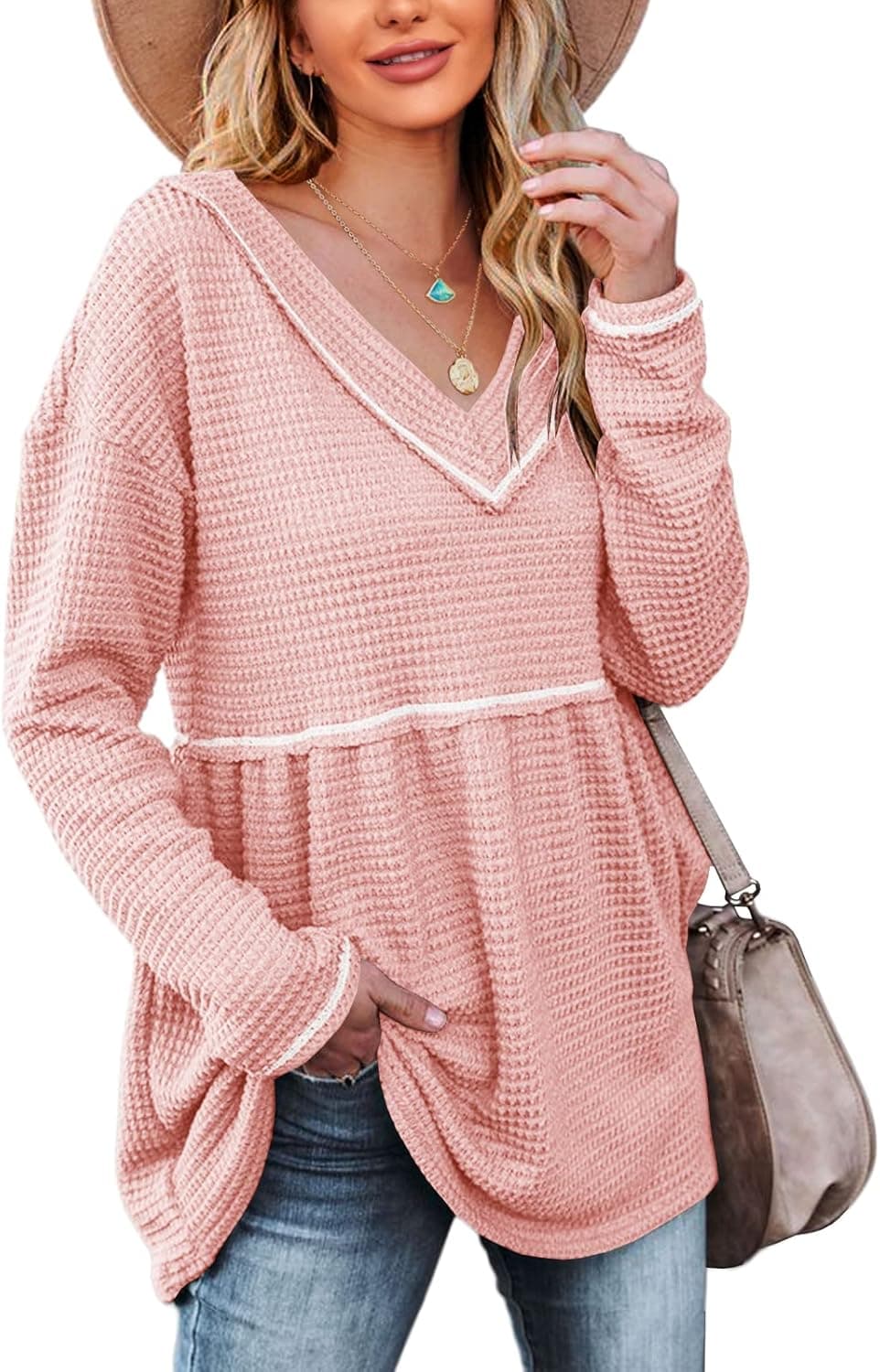 Chang Yun Womens V Neck Waffle Tunic Top Long Sleeve Peplum Pullover Babydoll Casual Flowy Swing Tshirts Pullover Sweaters