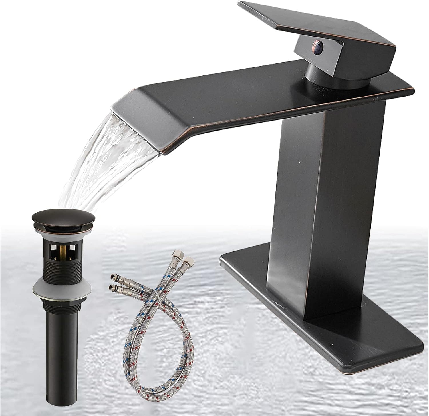 BATHLAVISH Oil Rubbed Bronze Bathroom Faucet Waterfall for Vanity Sink Single Hole Single Handle Lavatory Flat Spout with Pop Up Drain with Overflow Parts 1 or 3 Hole Deck Mounted Commercial