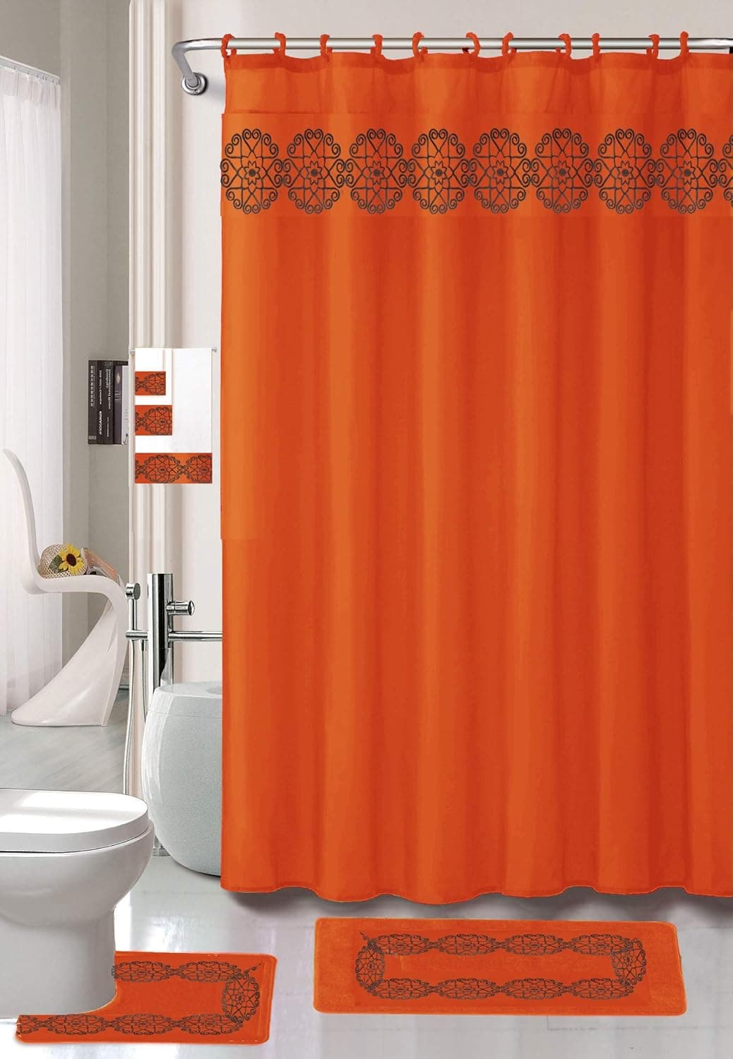 Luxury Home Collection 18 Pc Bath Rug Set Embroidery Non-Slip Bathroom Rug Mats And Rug Contour And Shower Curtain And Towels And Rings Hooks And Towels New (Orange)