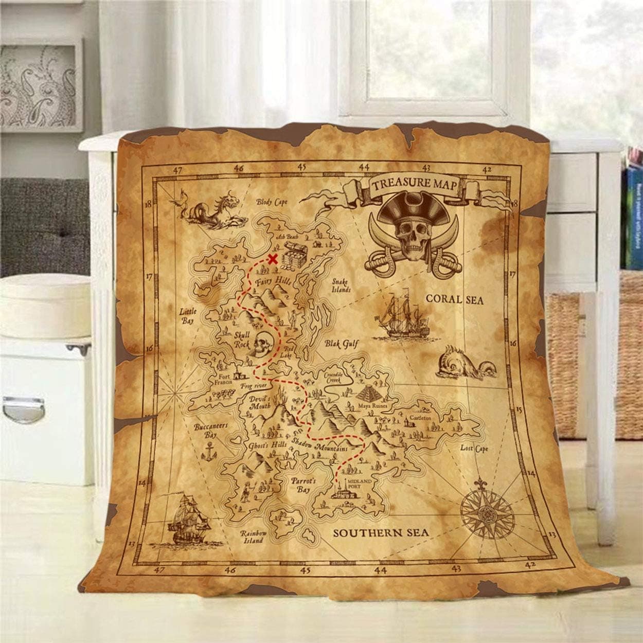 Mugod Map Throw Blanket Treasure Map and Pirate Emblem Sailboat Compass on a Ruined Old Parchment Decorative Soft Warm Cozy Flannel Plush Throws Blankets for Bedding Sofa Couch 40 X 50 Inch