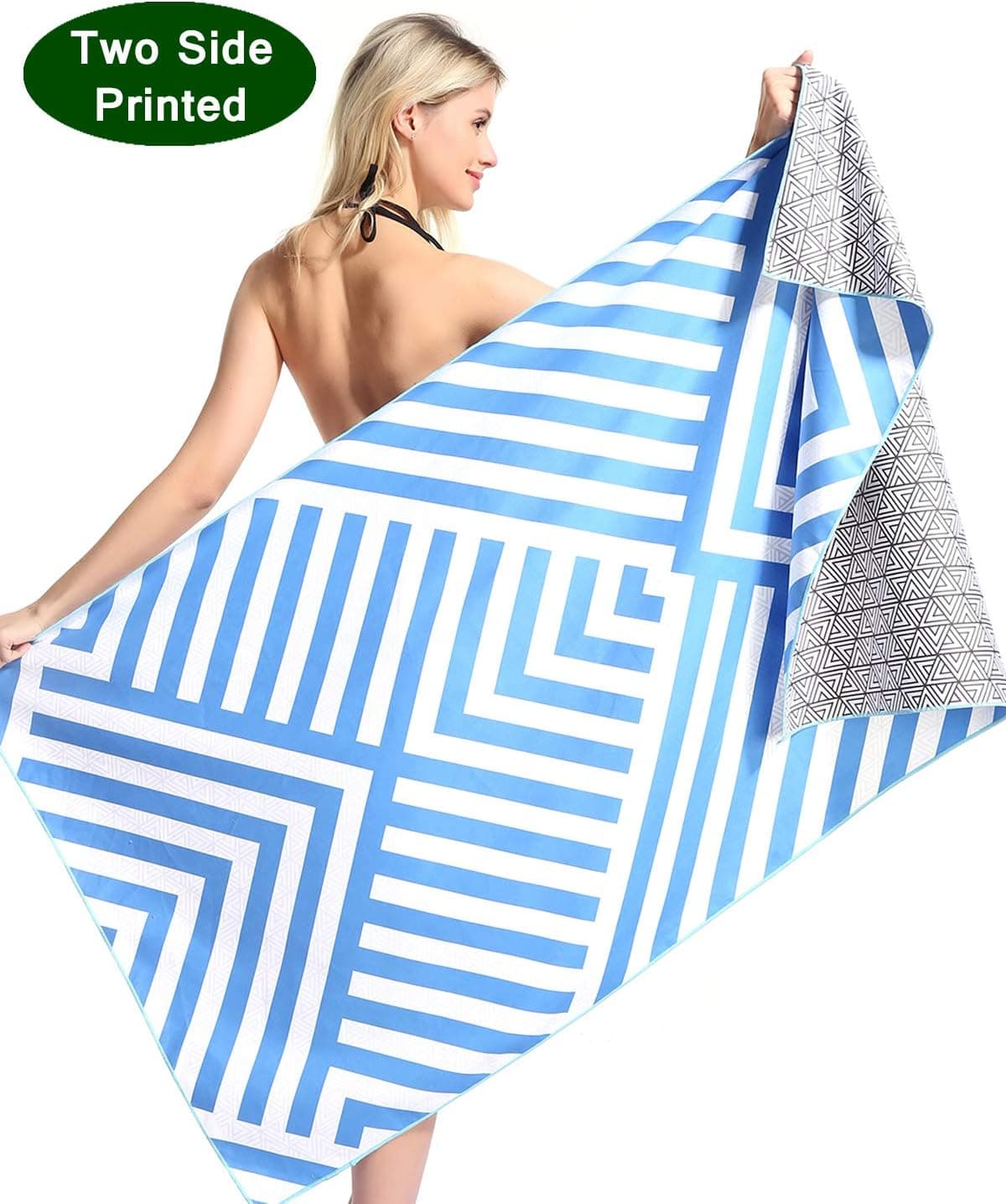 Oversized Microfiber Pool Beach Towel - Quick Fast Drying Lightweight Sand Free Extra large Big Outdoor Travel Rack Swim Micro Fiber Blanket Thin Yoga Mat Personalized Women Men Tesalate Blue Stripe