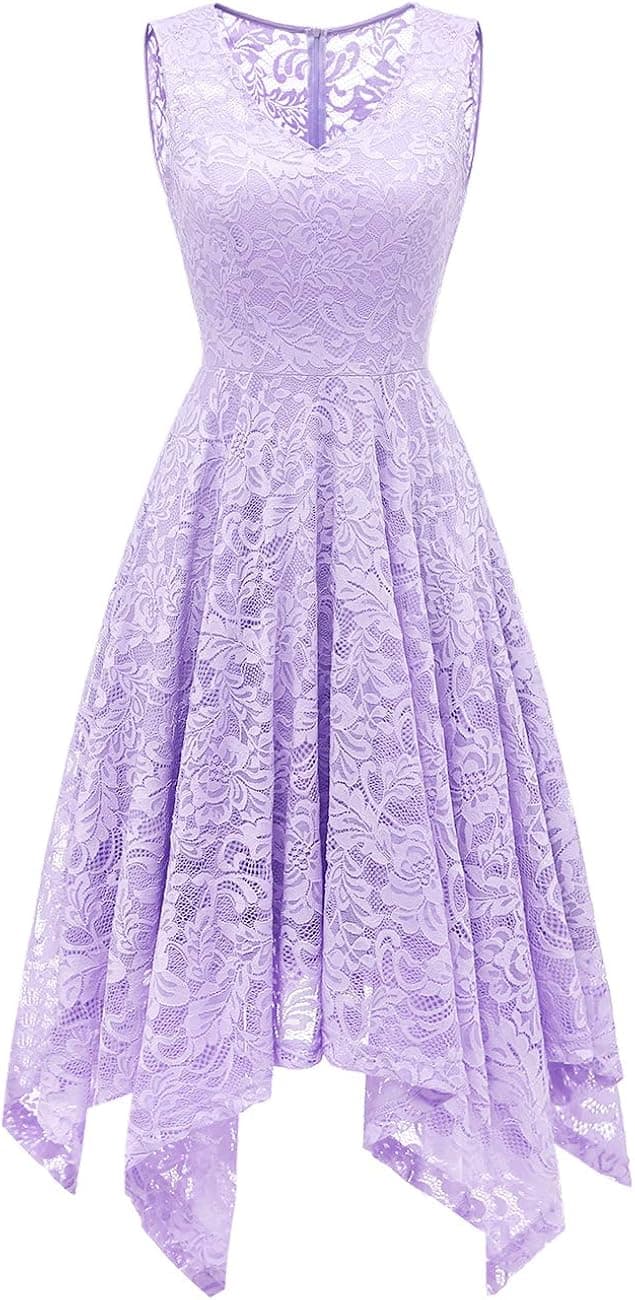 Meetjen Women's Elegant Floral Lace Sleeveless Handkerchief Hem Asymmetrical Cocktail Party Swing Dress