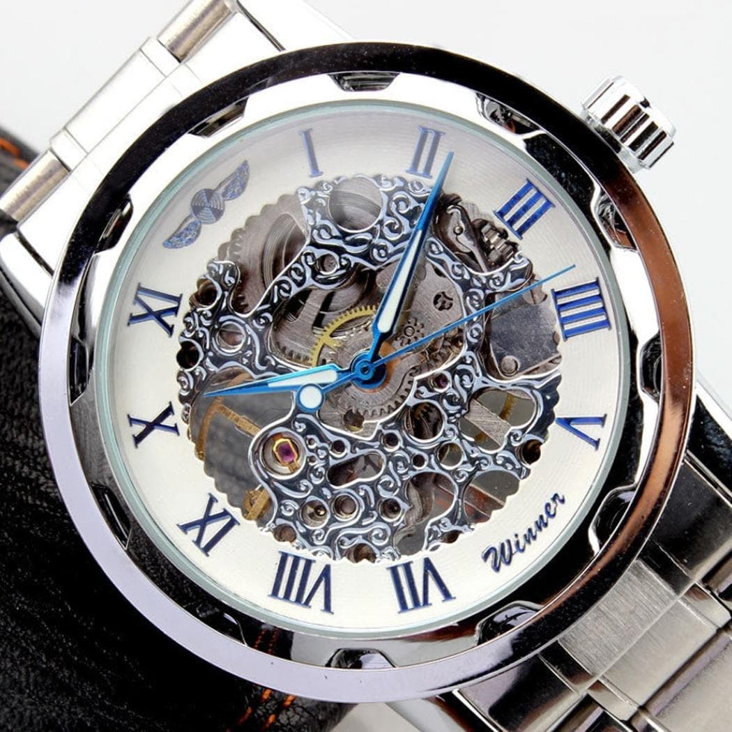 Creazy Men's Watch Skeleton Dial Stainless Steel Strap Hand-wind Mechanical Watches
