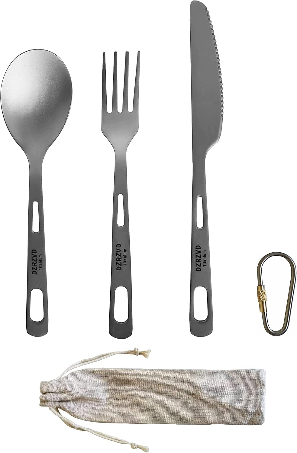 DZRZVD Titanium Utensils Set,Ultra-light Titanium Spoon Fork Knife with Carabiner,Camping Dishware,Traveling Dinnerware,Backpacking Miss Kit,Portable Titanium Cutlery for Outdoors Hiking Coffee