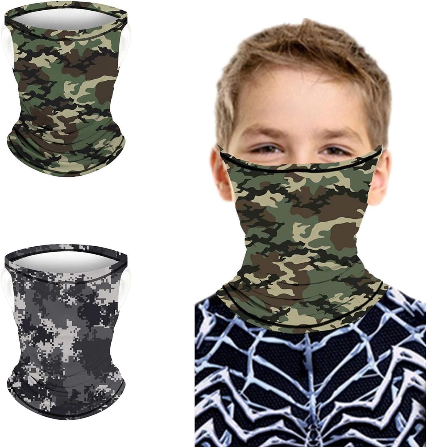 2Pcs Kids Neck Gaiters Bandana with Ear Loops Face Mouth Cover Scarf Sun Dust Wind Protection for Boy Girl