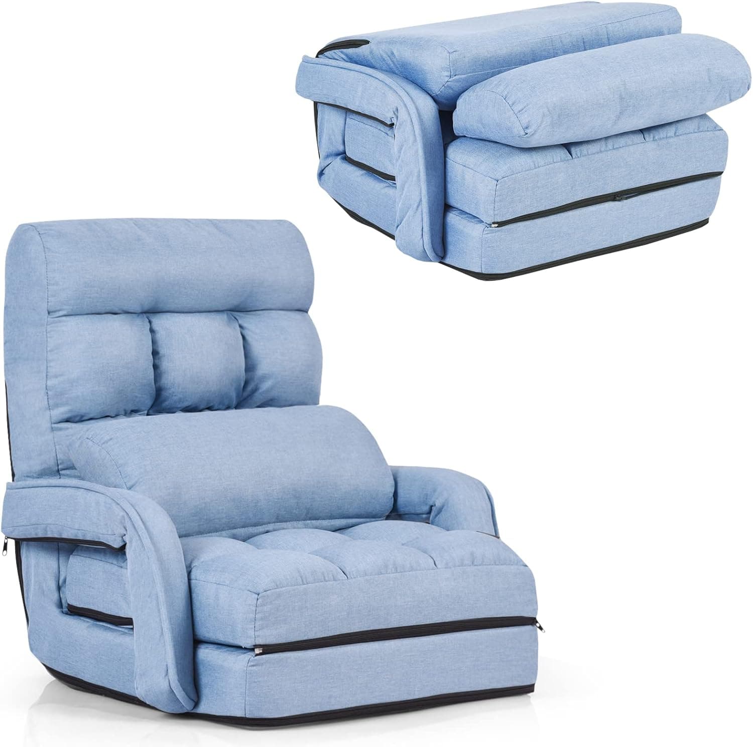 Safstar Indoor Chaise Lounge Sofa, Folding Lazy Sofa Floor Chair w/ 5-Position Adjustable Backrest Lumbar Pillow, Lounger Bed with Armrests, Without Massage Function (Blue)