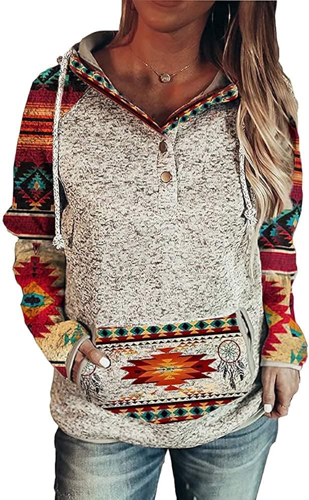Womens Aztec Hoodie Geometric Print Sweater Long Sleeve Cute Western T Shirt Drawstring Pullover Sweatshirts with Pockets