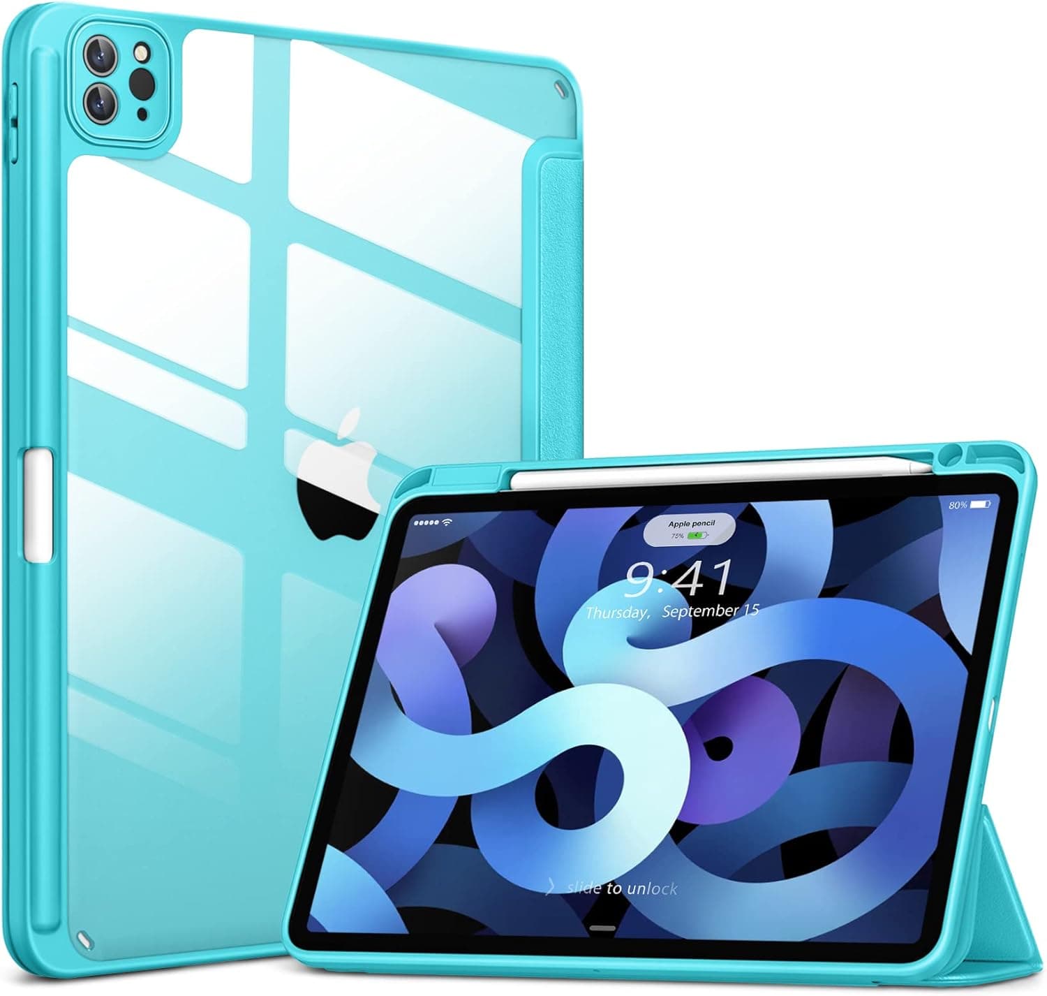DTTOCASE for iPad Pro 12.9 Case 6th/5th/4th/3rd Generation 2022/2021/2020/2018,Clear Shockproof Back Cover[Built-in Pencil Holder,Auto Sleep/Wake,Camera Protection] for 12.9 inch iPad Pro-Cyan Blue