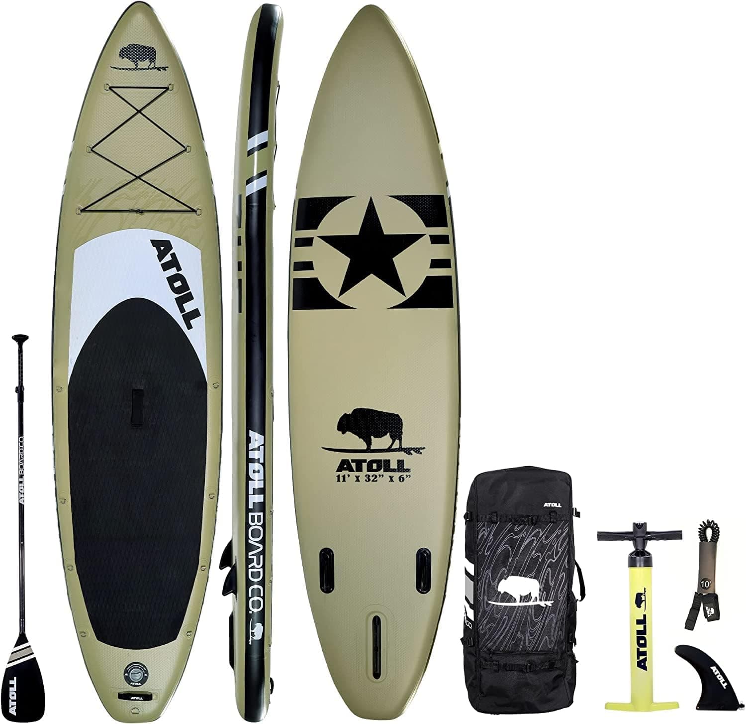Atoll 11' Foot Inflatable Stand Up Paddle Board (6 Inches Thick, 32 inches Wide) ISUP, Bravo Hand Pump and 3 Piece Paddle, Travel Backpack and Accessories New Leash Included