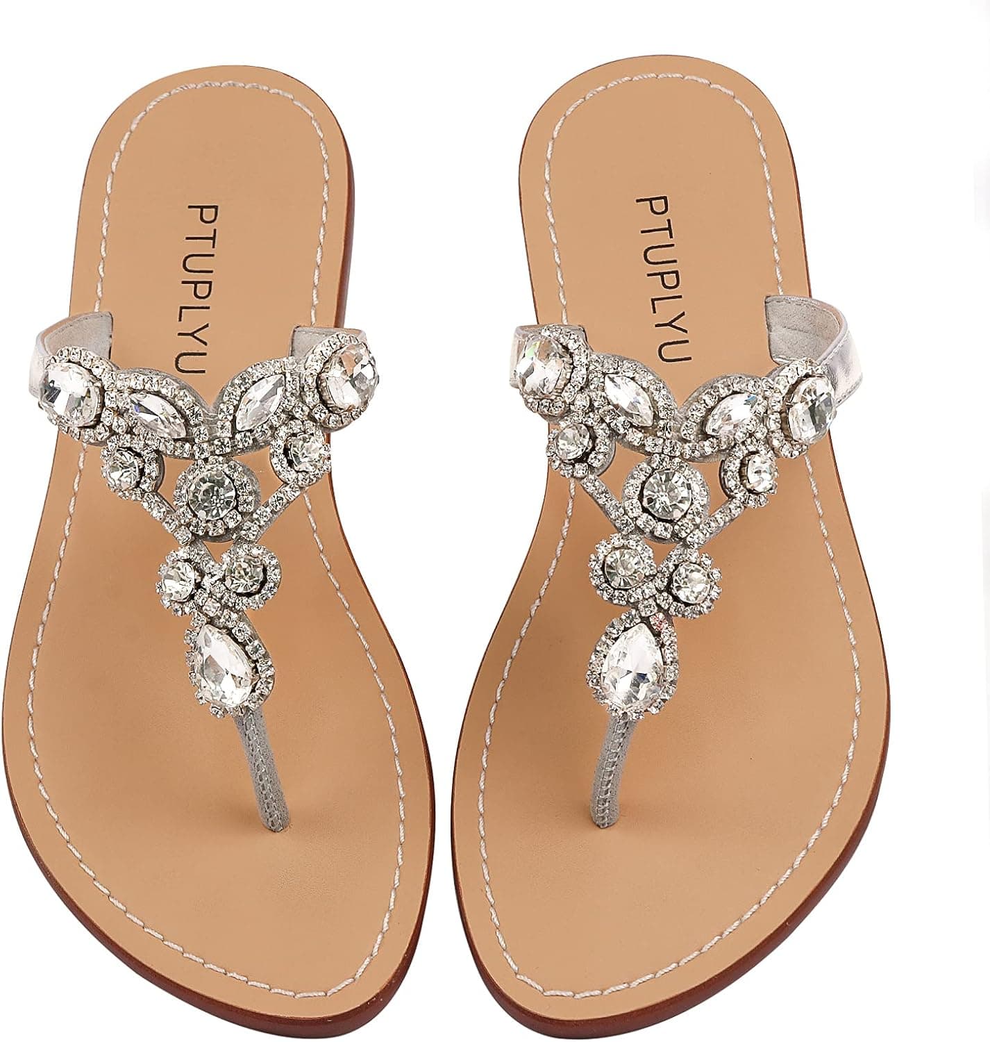 PTUPLYU Rhinestone Flat Sandals for Women Flip Flops Jeweled Sandals Beach Wedding Bridesmaid Crystal Shoes Silver size 10.5