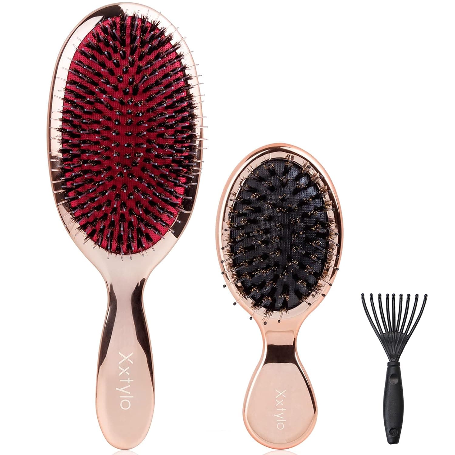 Hair Brush Boar Bristle Hairbrush 2 Pack, Xxtylo Oval Paddle Detangler Brush for Hair Extensions, Normal, Thick, Curly Hair, Anti-frizz Styling, Smooth, Soften Hair and Add Shine for Women, Kids(Rose Gold)