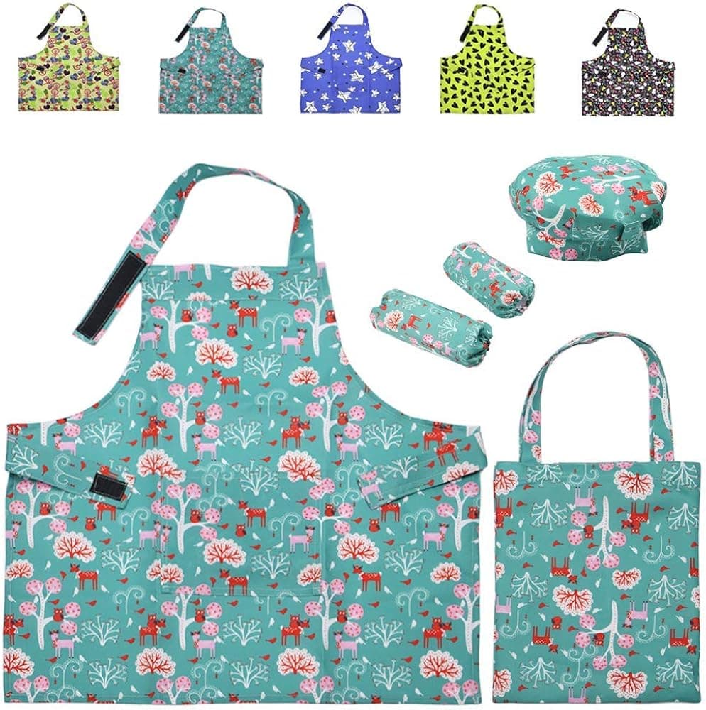 FANCYWING Kids Apron and Chef Hat Set, Kids Chef Apron with Big Pocket for Girls Boys,Adjustable Child Apron for Cooking Painting