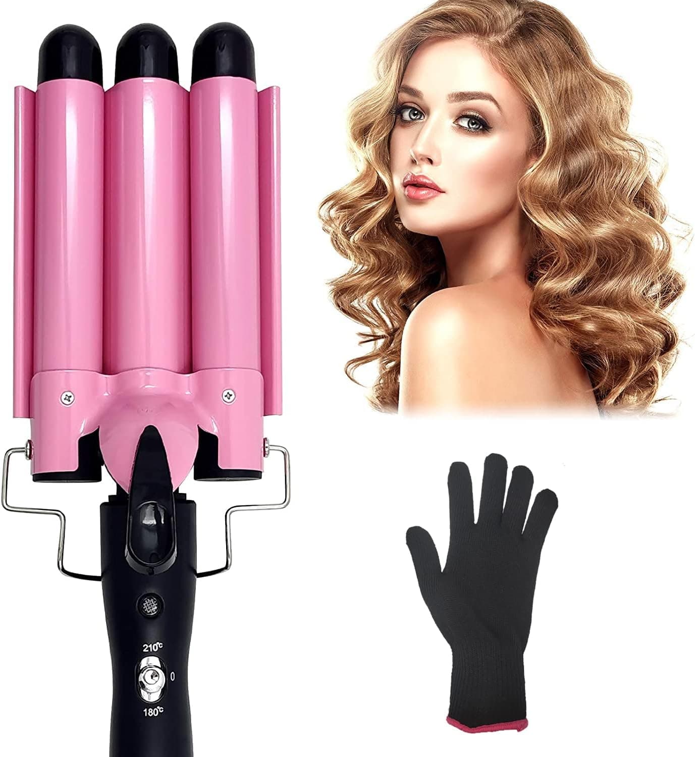 Newlemo 3 Barrel Curling Iron 25mm, 1-Inch Crimper Hair Iron Temperature Adjustable, Hair Crimper Ceramic Tourmaline Fast Heating Curling Wand with Heat Resistant Glove(Pink)