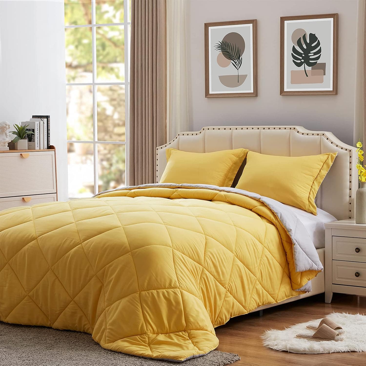 NexHome Lightweight Comforter Set Queen Size, Down Alternative Solid Comforter Set Thin Microfiber Reversible Summer Bedding Comforter with 2 Pillow Sham (Queen, Yellow/Light Grey)