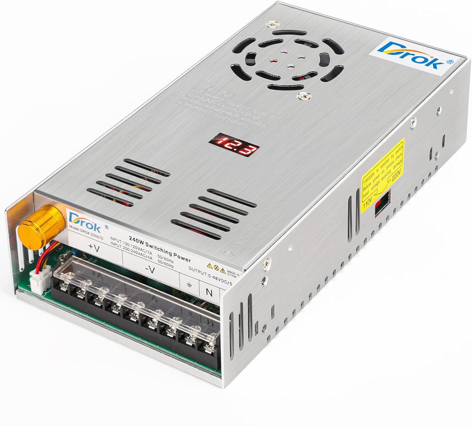 DROK 48V Power Supply, AC 110V/220V to DC 0-48V 5A 240W Buck Converter, Adjustable Variable LED Adapter Regulated 5V 12V 24V 30V 36V 48V Volt Voltage Transformer 5A Amp Charger for Lab CCTV