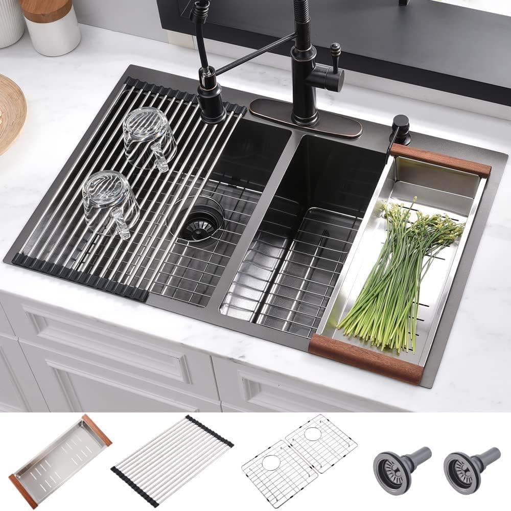 33 Double Bowl Kitchen Sink Matte Black-HACHENL 33 Inch Drop in Kitchen Sink Gunmetal Black Stainless Steel Kitchen Sink 16 Gauge 50/50 Double Bowl Top mount Kitchen Sink