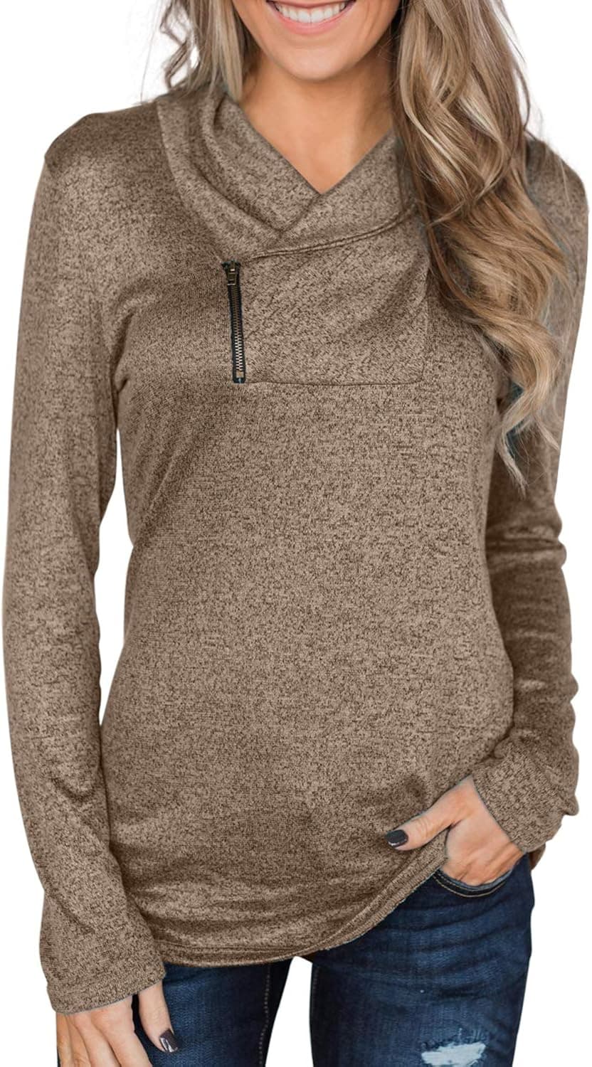 Dearlove Womens Sweatshirts Fashion Zip Up Lightweight Cowl Neck Tunic Shirts Casual Fall Long Sleeve Pullover Tops Brown Large