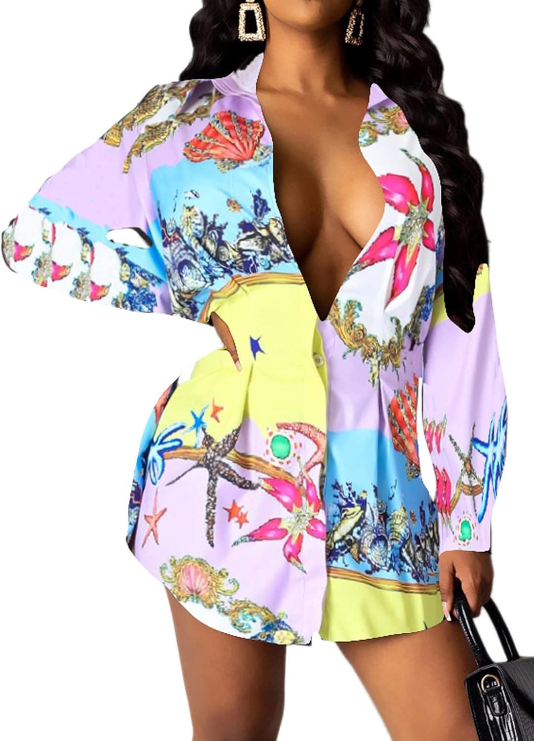 SeNight Sexy Floral Blouse for Women Casual Long Sleeve Button Down T-Shirt Simple V Neck Loose Tops Shirts Dress