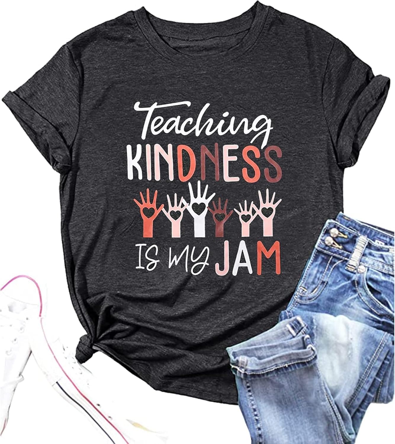 MYHALF Teaching Kindness is My Jam T-Shirt Women Teacher Shirts Funny be Kind Shirts Casual Short Sleeve Tee Tops