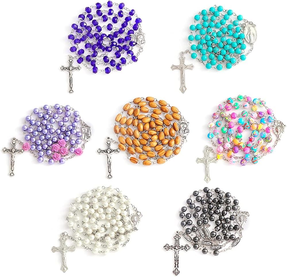 YWLI 7 PCS Rosary Beads Catholic for Woman - Confirmation Gifts for Teenage Girl, 7 Day Rosary, Various Styles of Rosary Necklace Set, Cross Rosary Necklace for Women