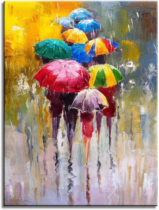 Wall Art for Living Room People in Rain Colorful Oil Painting Print on Canvas Picture Poster Decoration Stretch and Small Frame Painting for Home Decor 16 x 24 in (1 Piece)