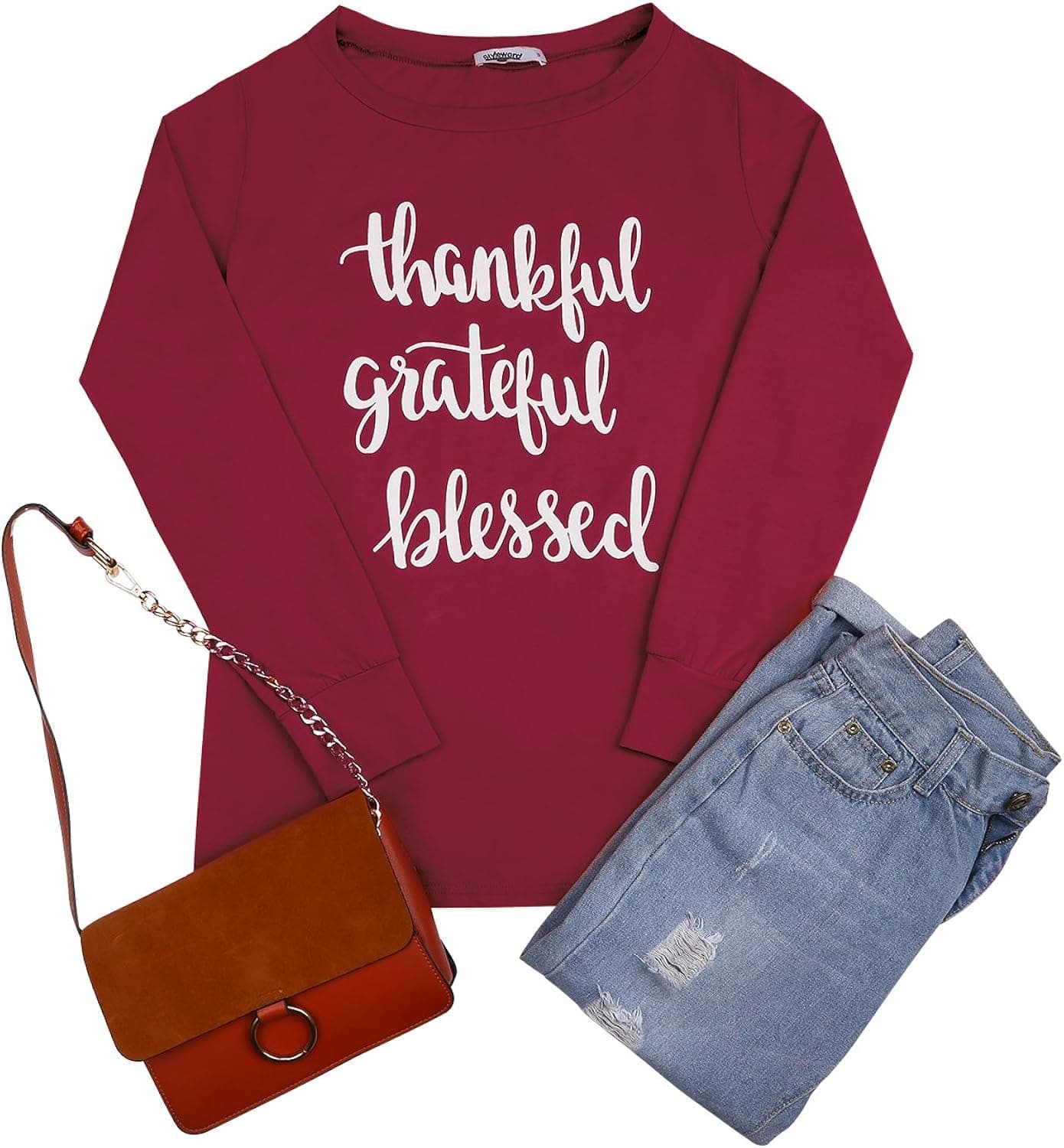 STYLEWORD Women's Long Sleeve Printed Casual Thanksgiving T-Shirt(Wine,XXL)