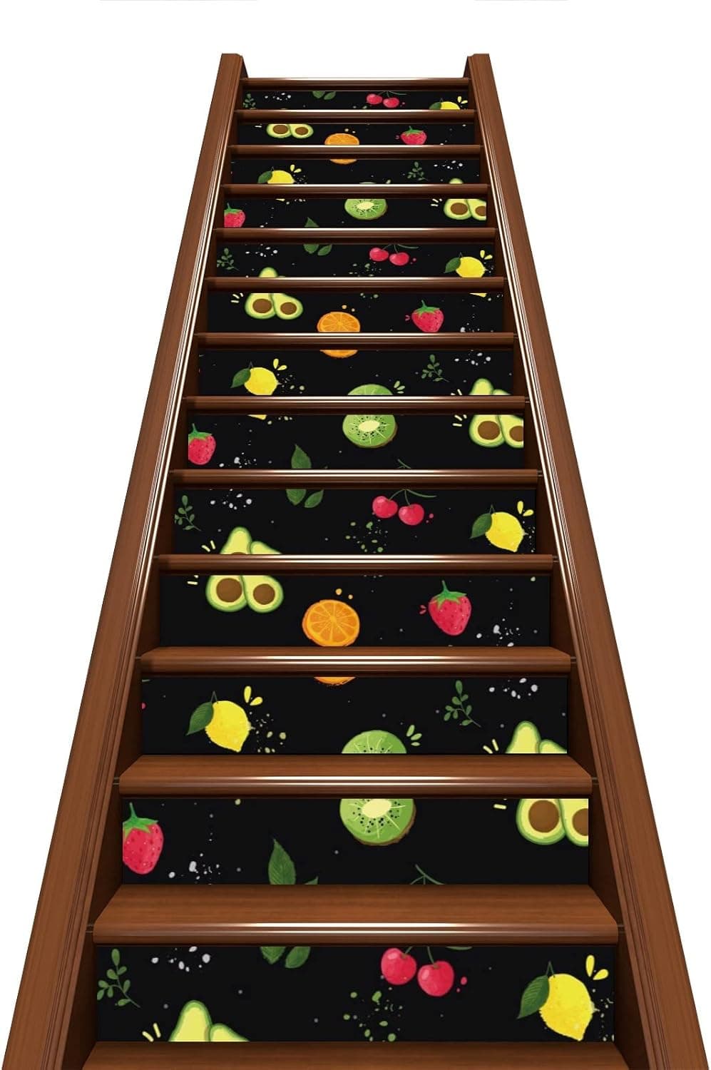 3D Stair Stickers Fruits Kiwi Avocado Strawberry Chery Lemon Green Leaves Black Stair Riser Decals Vinyl Removable Staircase Stickers Peel and Stick Stairway Decal Wallpaper (39.4Inch x7.1Inch 13pcs)