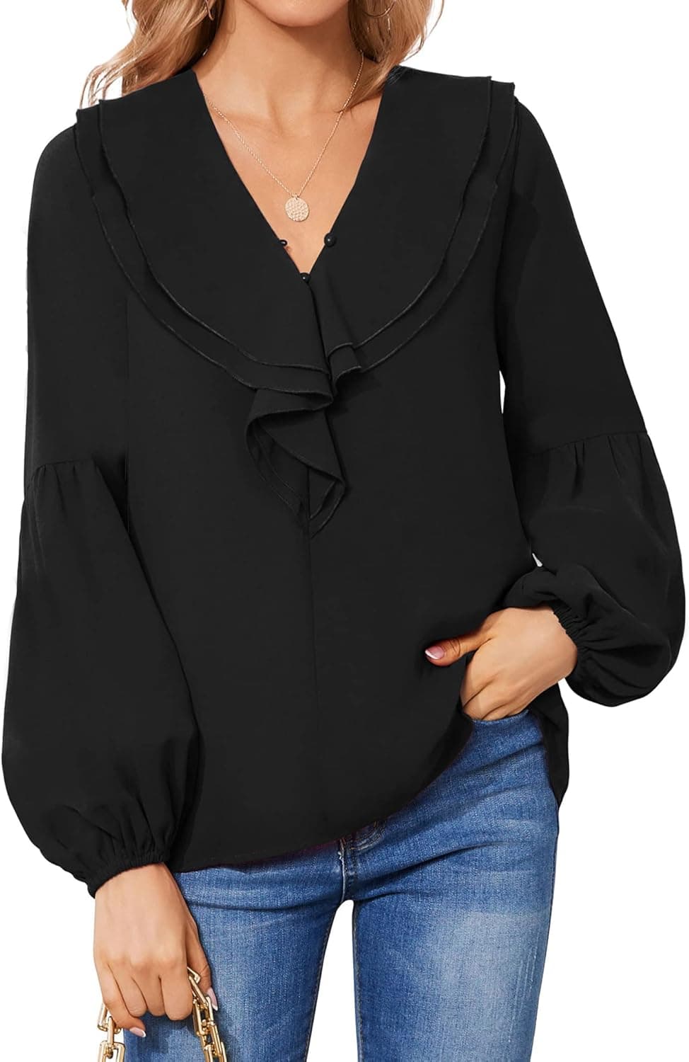 GOORY Women's Business Casual Tops Button Up Elegant Ruffled Long Balloon Sleeve Chiffon Blouse Top V Neck Work Shirts