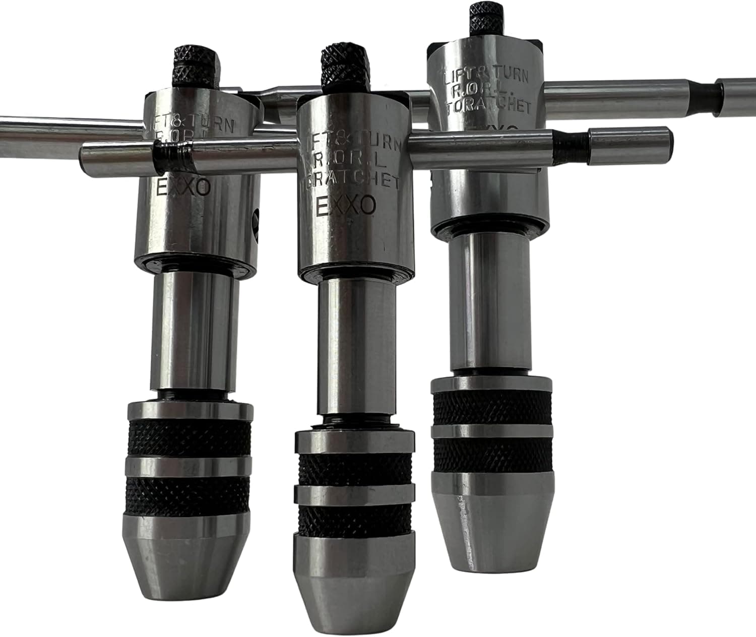 EXXO TOOLS 3PC Wrench Set - Adjustable Ratchet Tap Wrench Kit 5/32", 1/4", 1/2" Tap Capacity Steel Tapping Tool Adjustable Wrench Set Machinist Tools Tap Set Metalworking Tools Hand Taps Reamer Tools