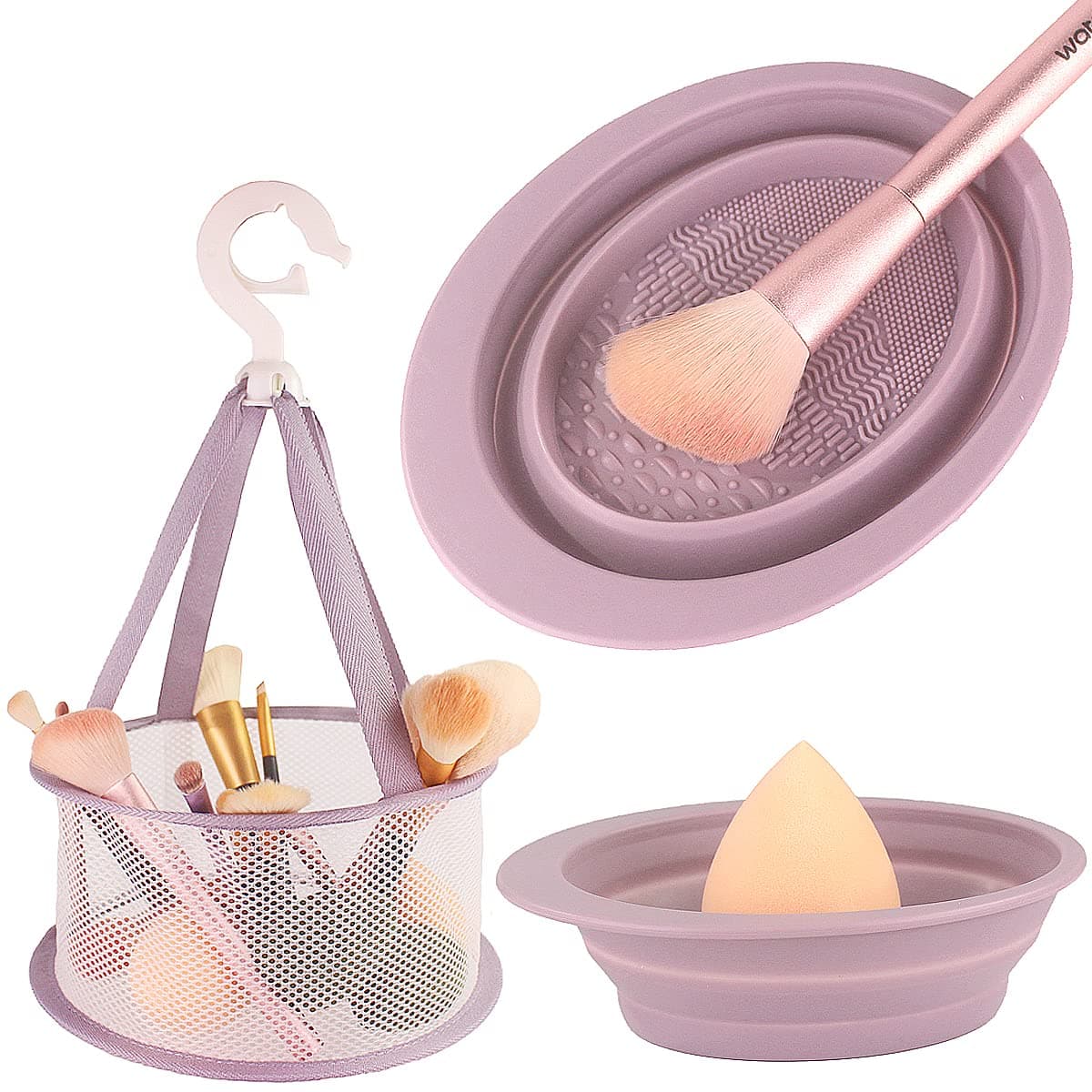 Makeup Brush Cleaning Mat & Hanging Drying Net, Foldable Silicone Makeup Brush Cleaner Brush Cleaning Pad cleaning bowl with Mesh Drying Rack Basket to dry Makeup Sponge, powder puff, brush (Purple)