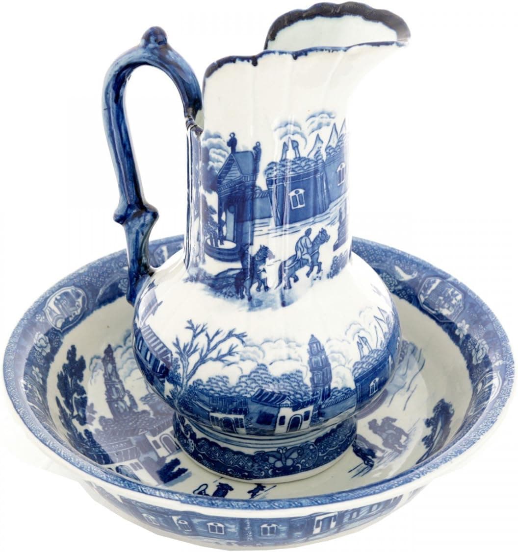 Renovator's Supply Delft Blue Ceramic Washbasin And Pitcher Set