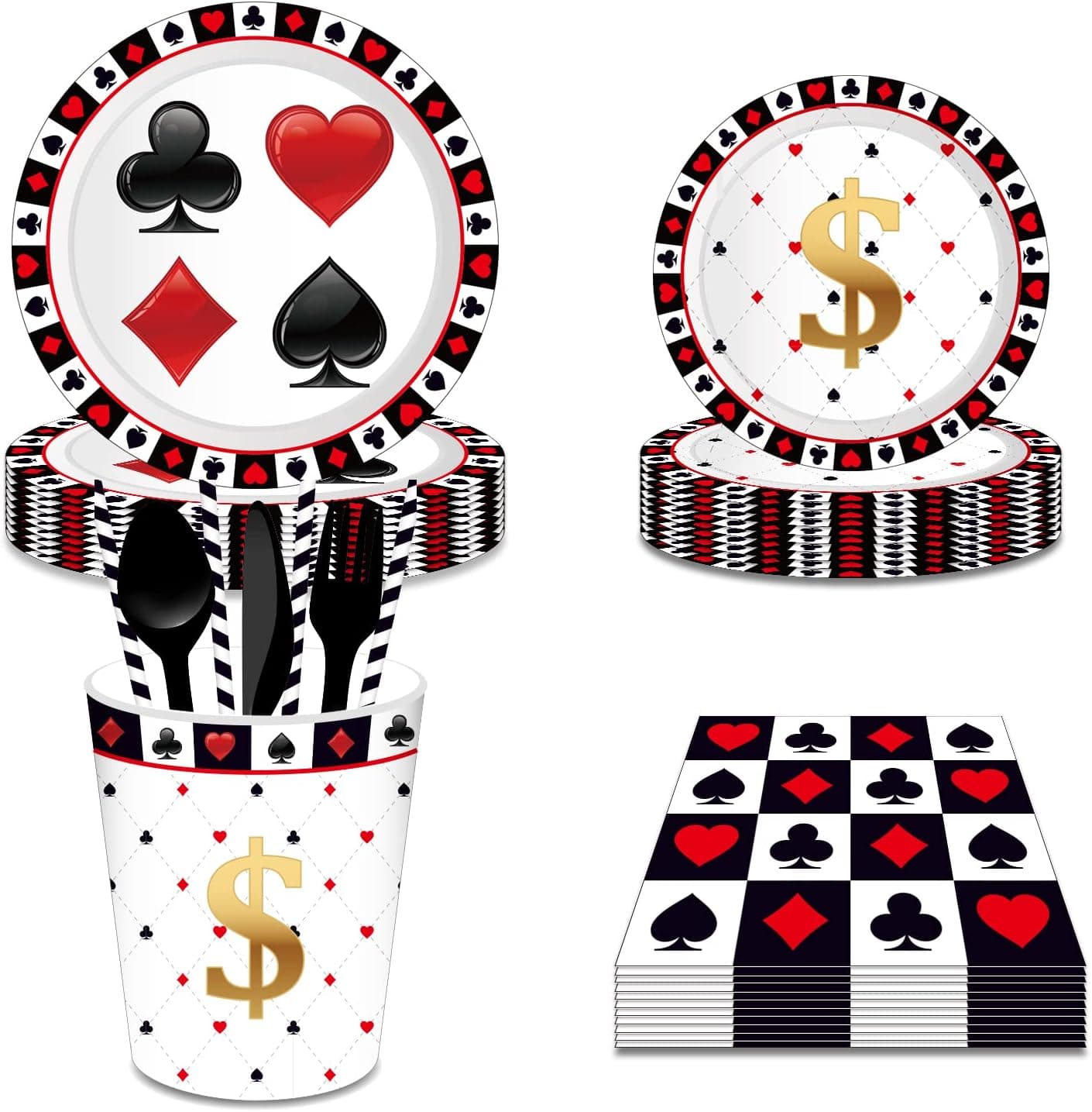 141 PCS Casino Birthday Party Supplies Las Vegas Party Supplies Serves 16, Texas Holdem Party Supplies, Poker Birthday Party Supplies Including Disposable Plates, Dessert Plates, Cups, Casino Napkins