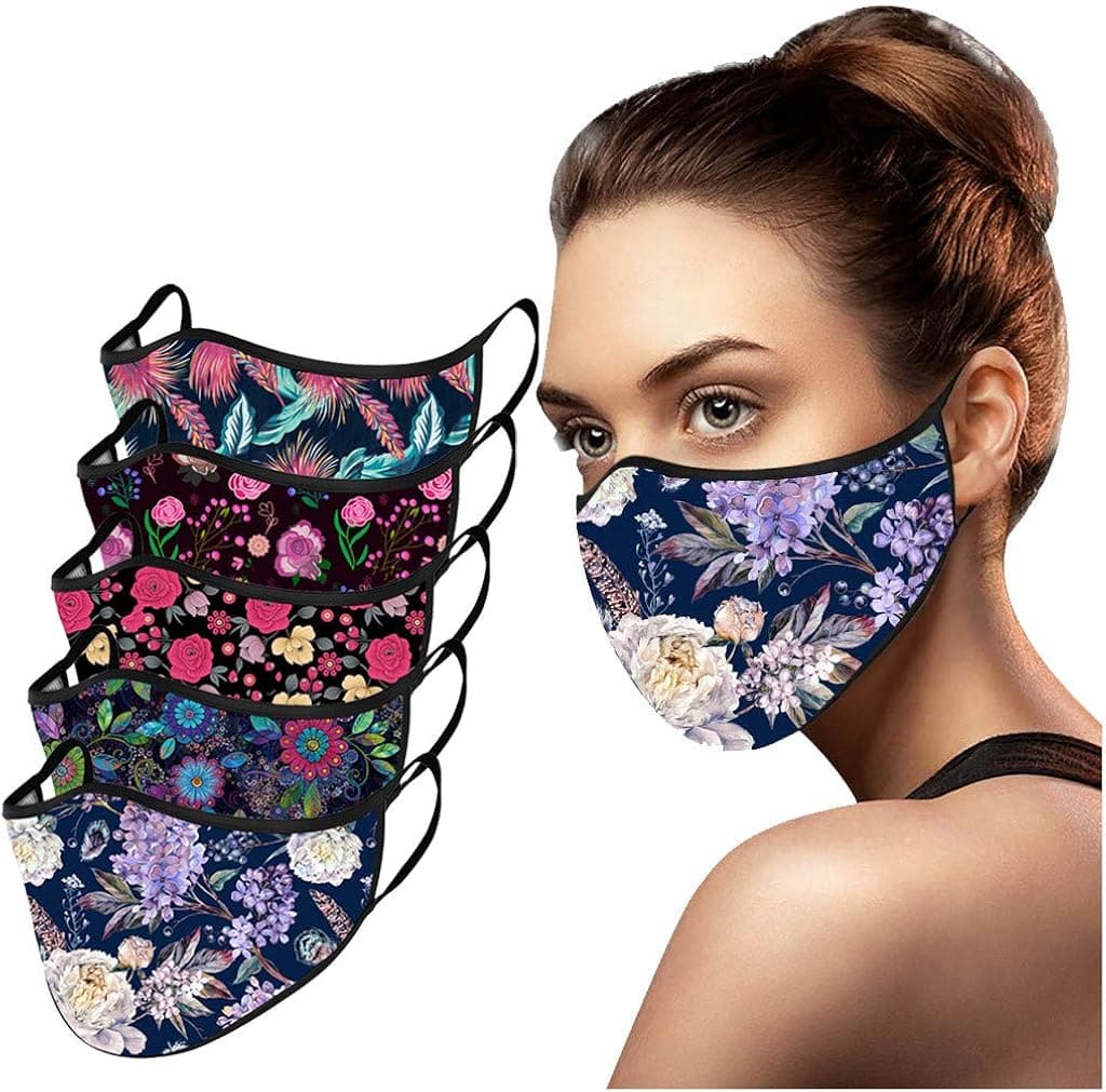 Adult Reuse Dust Protective Washable Cute FlowersPrint Party Face Bandanas Windproof Anti-Spitting Face Scarf 5PCS