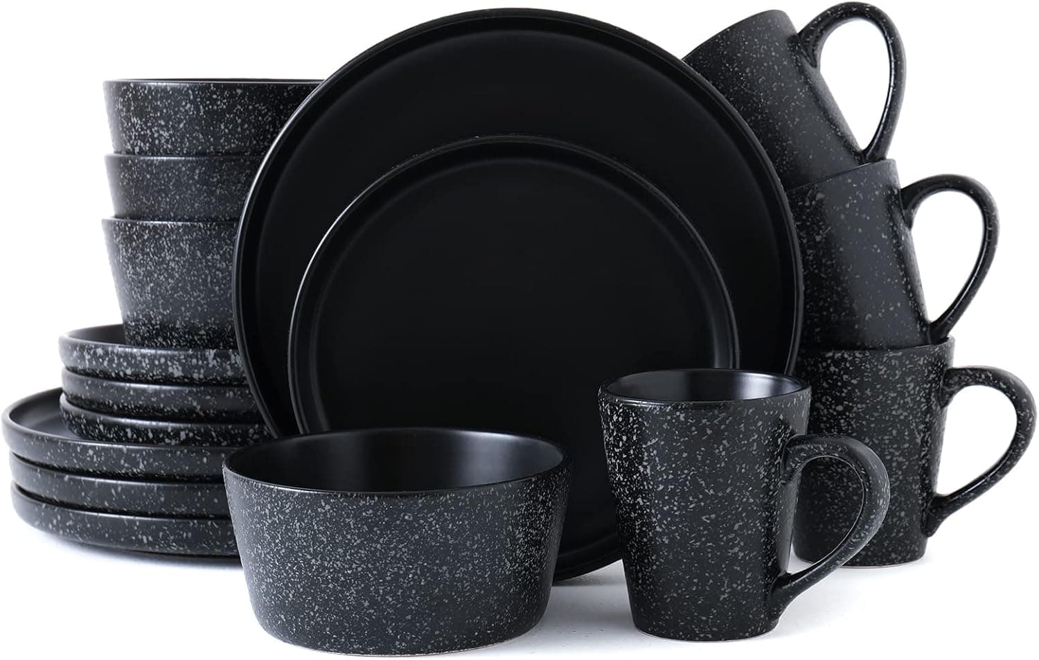Bestone Stoneware Dinnerware Sets,Plates and Bowls,Round Matte Glaze,Easy to Clean,Service for 4,16 Piece(Black)