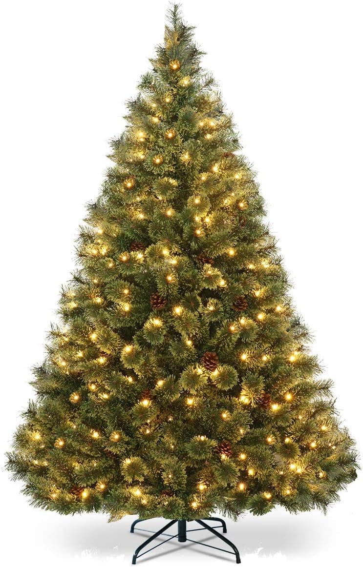 GOFLAME 6ft Pre-lit Artificial Christmas Tree, Hinged Christmas Tree with Metal Stand and Pine Cones, Perfect Christmas Decoration for Indoor and Outdoor