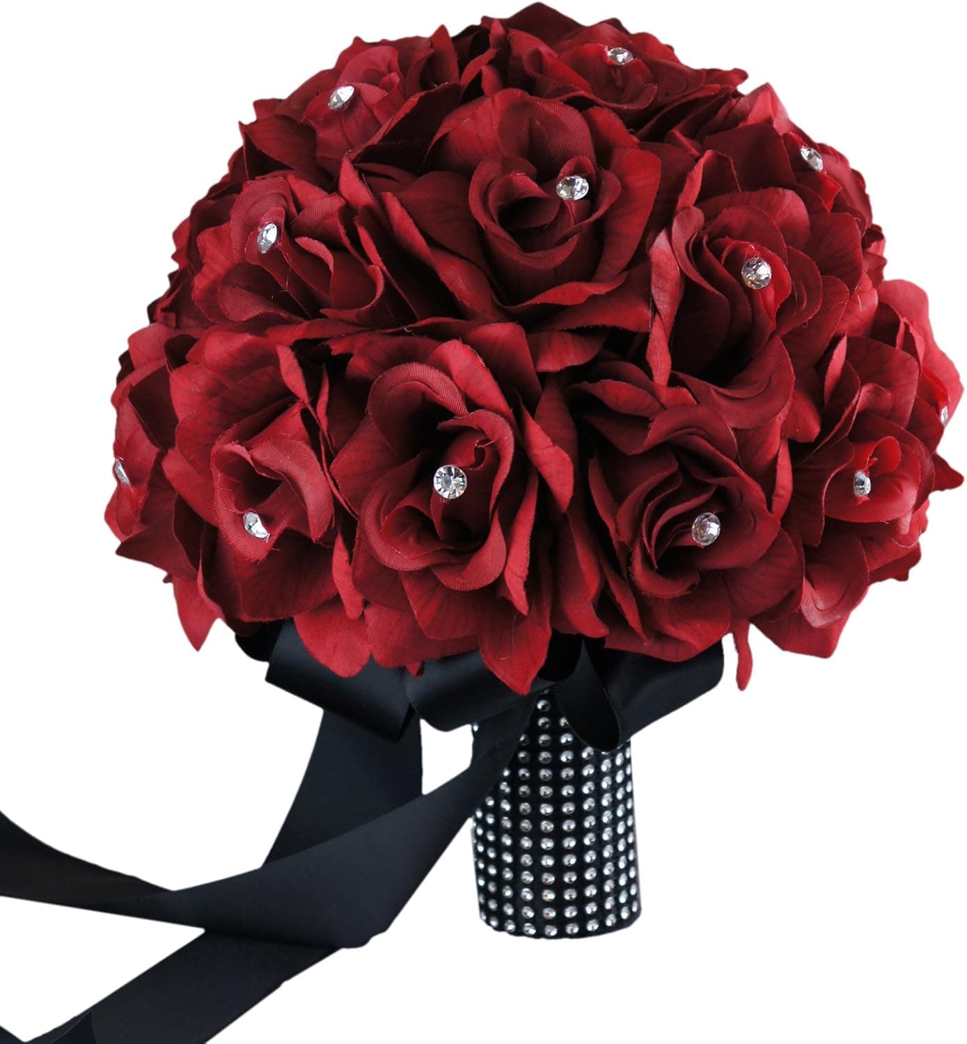 Angel Isabella Classic Bridal Bouquet - Apple Red Rose with Rhinestone Black Ribbon with Bling Accents