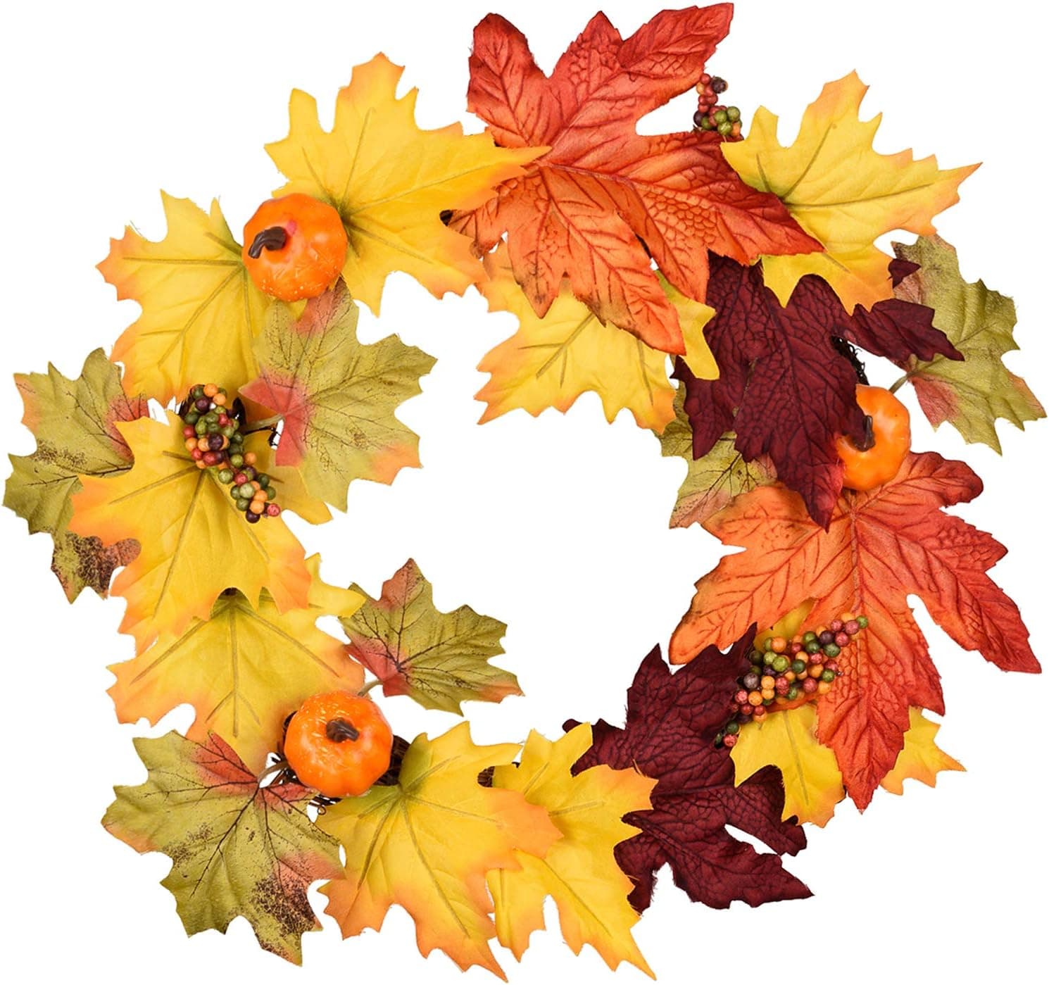 13 Inch Artificial Autumn Fall Wreath, Harvest Thanksgiving Door Wreath for Front Door with Pumpkins, Berry and Maple Leaf