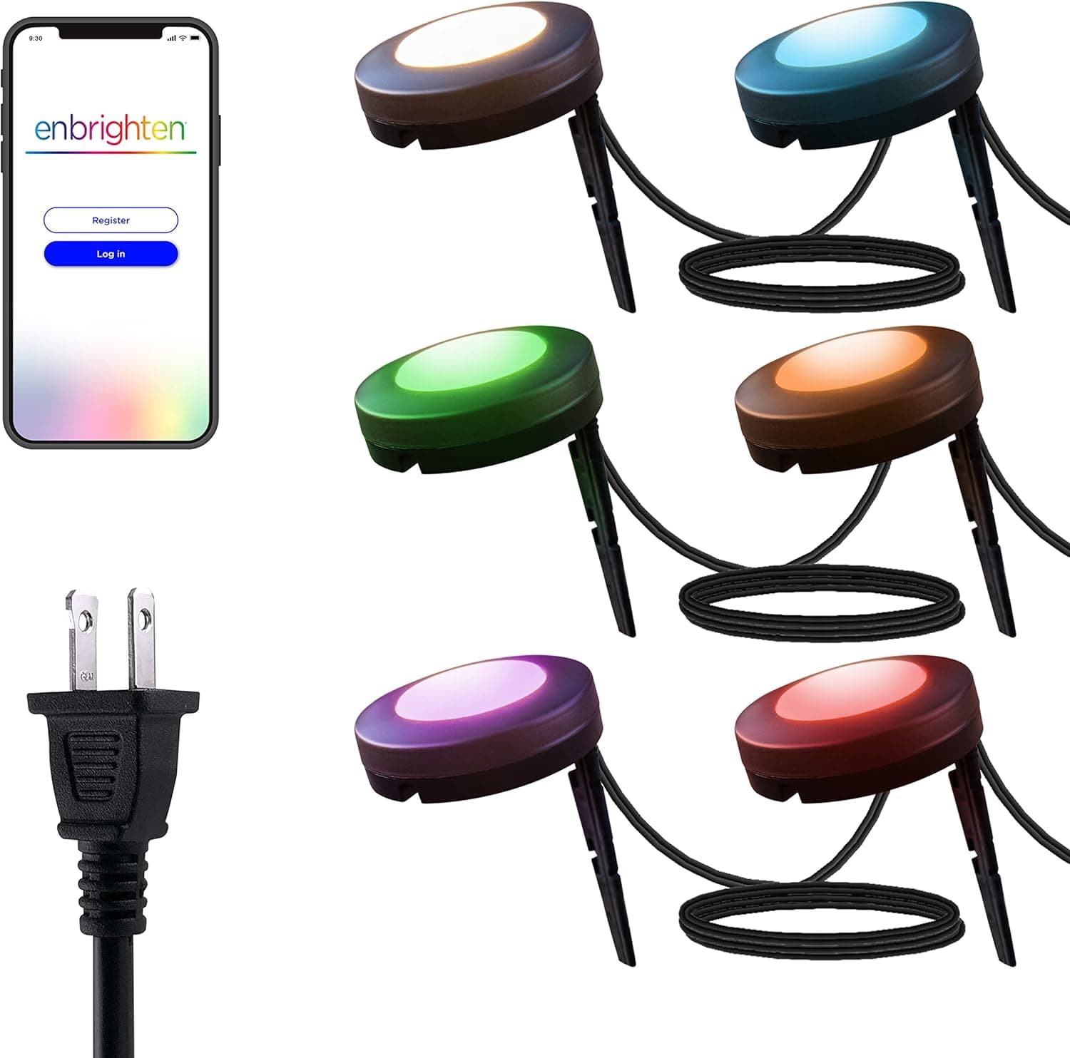Enbrighten Premium LED Smart Garden Lights, 6 Landscape Lights, 50ft Cord with 22ft Lead Wire, Compatible with Alexa and Google Play, Color Changing, App Control, Outdoor Landscape Lighting, 58103