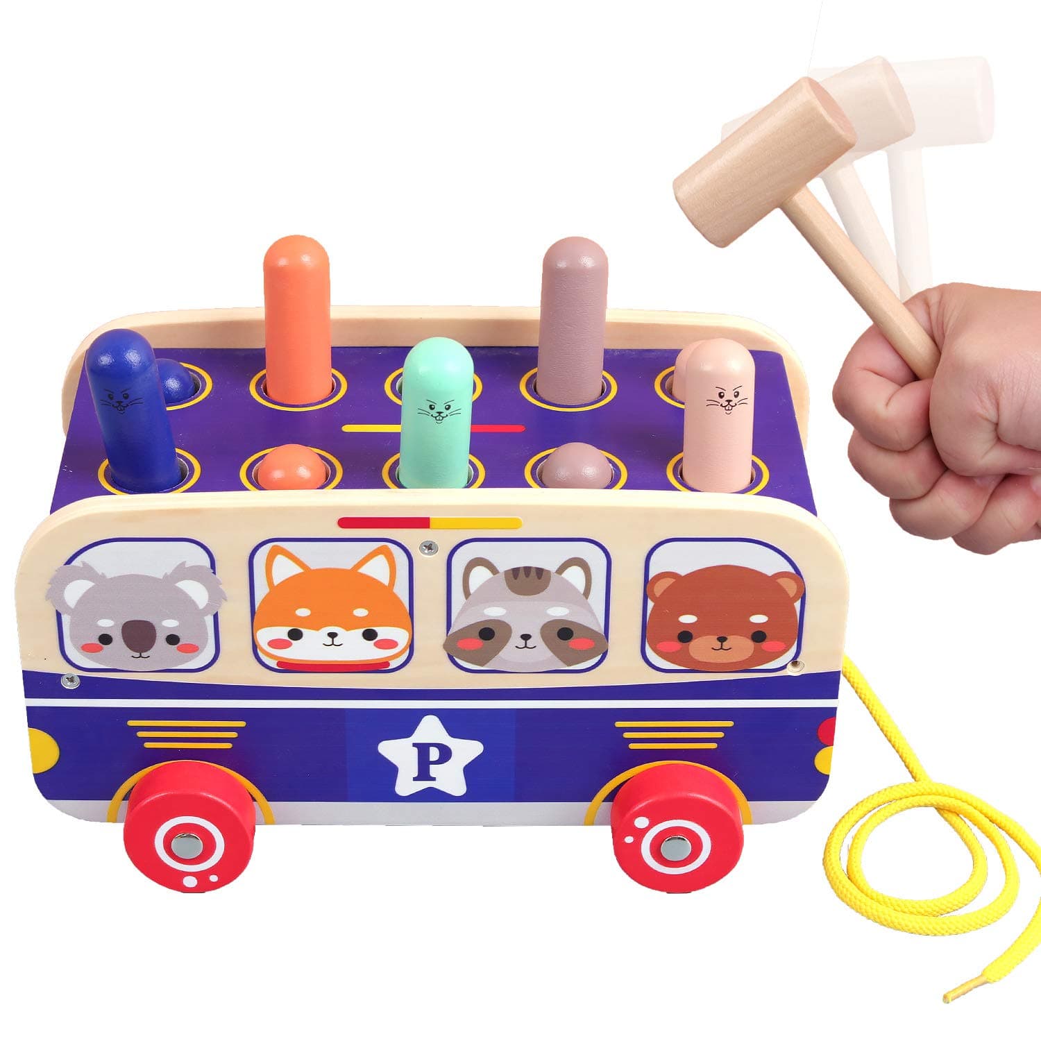QZMTOY Pounding Car Toy with 2 Hammers,Wooden Hammer Toy for Toddlers, Pull Along Gopher Toy Toy,Toddler Learning, Active, Early Developmental Toys for 3,4 Years Old Boys and Girls Gifts