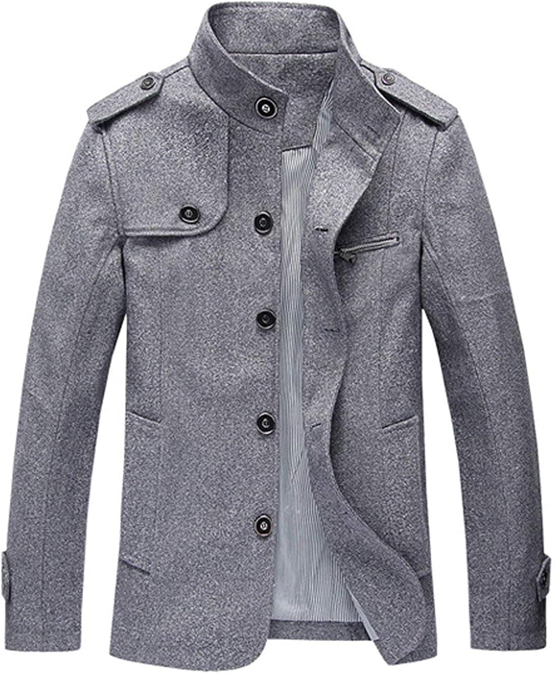chouyatou Men's Military Stylish Single Breasted Natural Fit Stripe Lined Wool Pea Coats