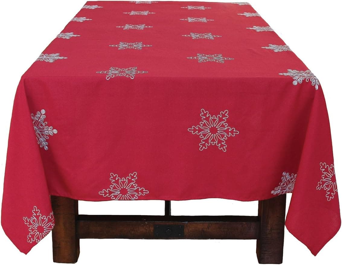 Xia Home Fashions Snowy Noel Embroidered Snowflake Christmas Tablecloth, 60 by 84", Red and White