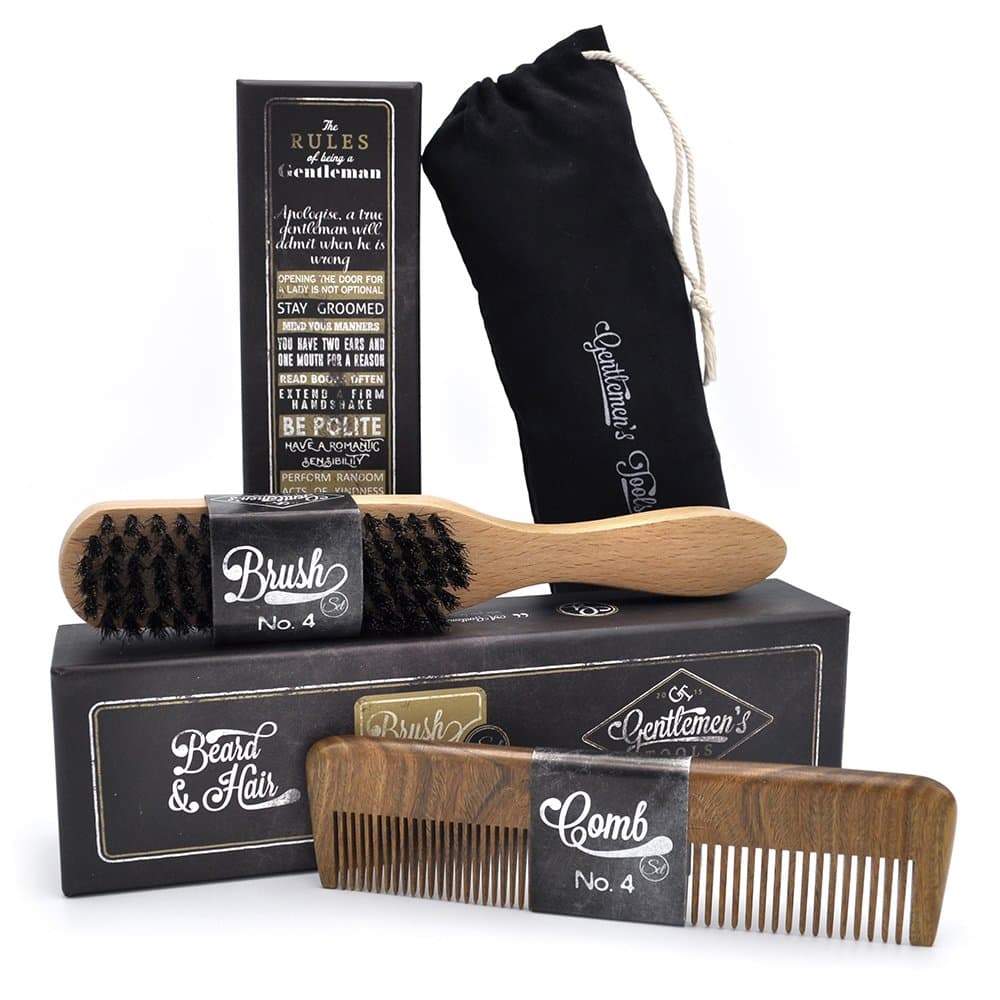Hair & Beard Comb + Brush - Set - for Men, Sandal Wood Comb, 100% Natural Boar Bristle Brush, Best for Grooming Facial and Head Hair, use with Balm, Oil and Wax, Packaged in Premium Giftbox