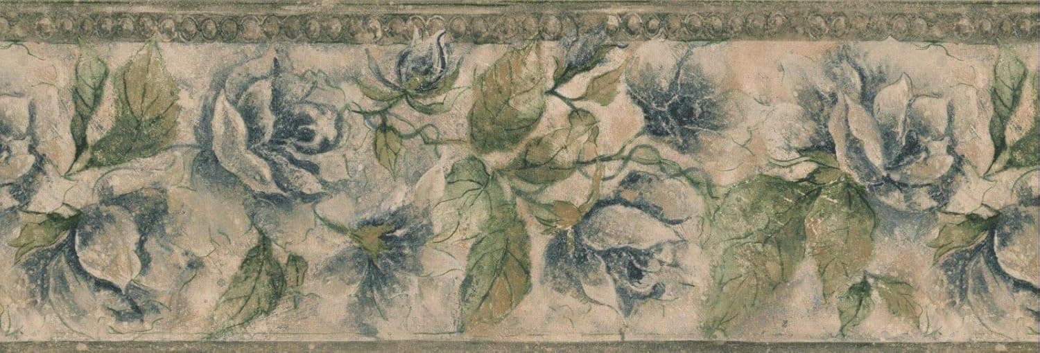 Concord Wallcoverings Prepasted Floral Decorative Wallpaper Border Blue Roses and Leaves, Colors Beige Blue Green, Size 8 Inches by 15 Feet ED76259