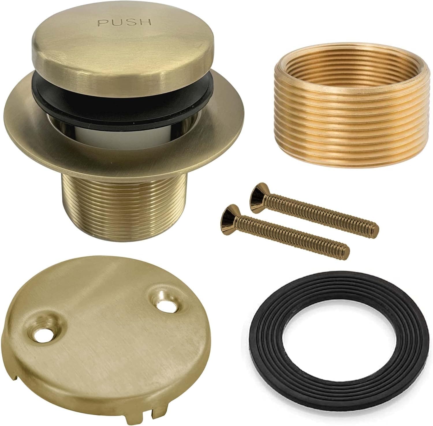 EXAKEY Tub Drain Gold Tip Toe Bathtub Drain Kit with Two-Hole Overflow Faceplate, Bath Tub Drain Set with Universal Fine & Coarse Thread Brass Bushing Assembly Brushed Gold
