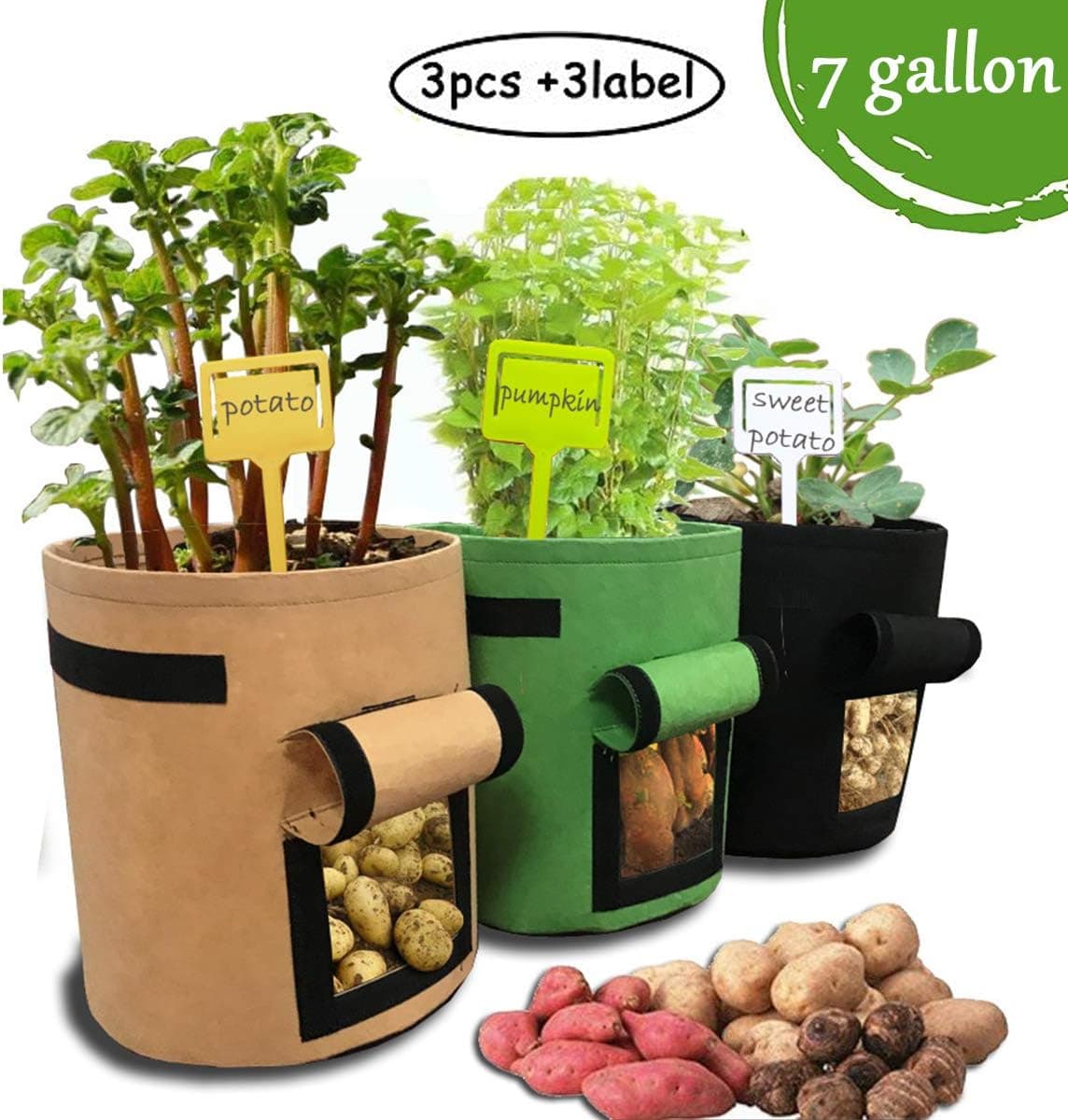 JOYHILL 3Psc 7 Gallon Plant Potato Grow Bags Planting Fabric Smart Pots Cloth Bags Plant Container with Handles and Velcro Window