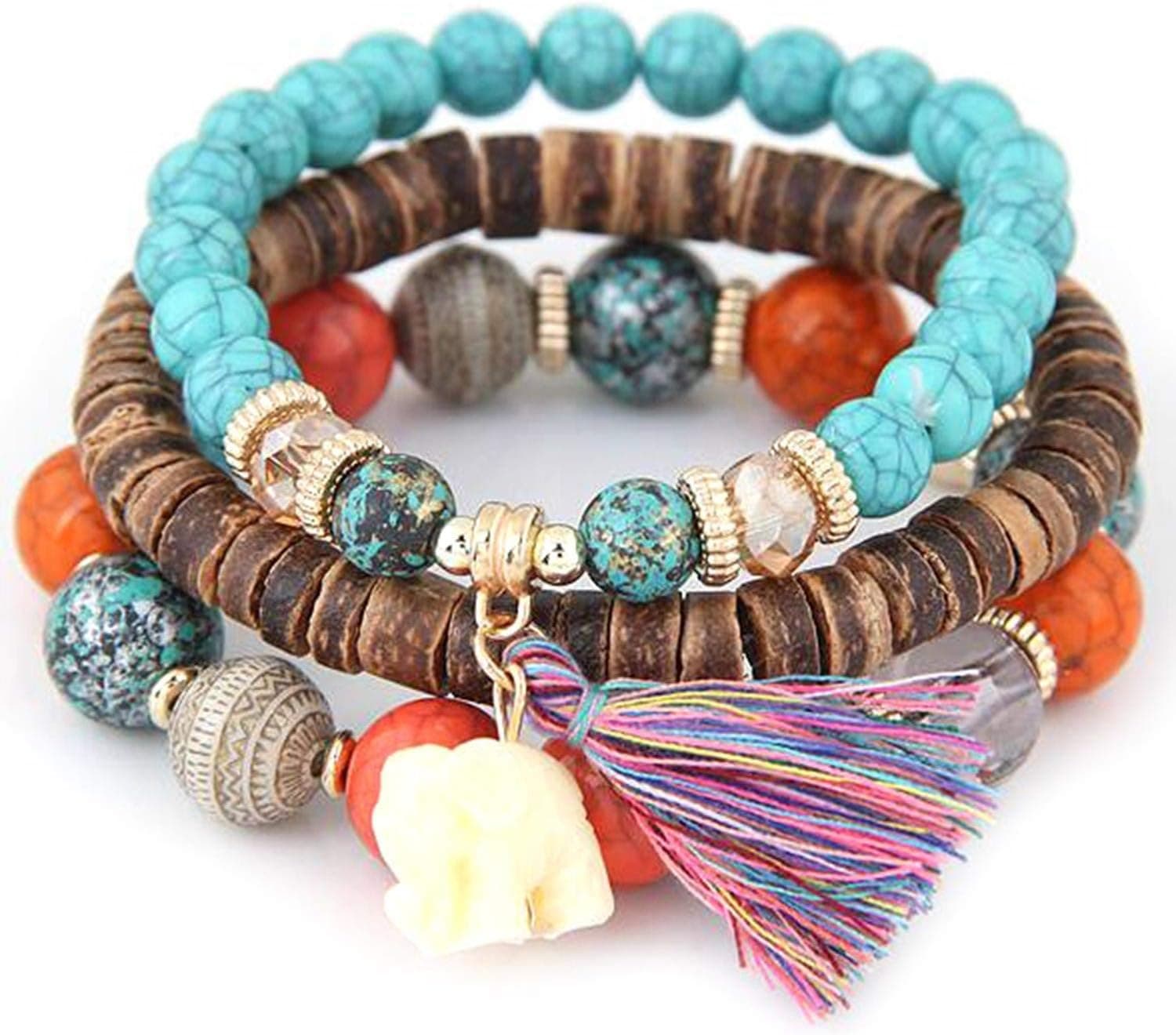 Nawert New Women Fashion Wood Beads Bracelets Boho Small Elephant Charm Bracelets Set Vintage Style Jewelry Strand