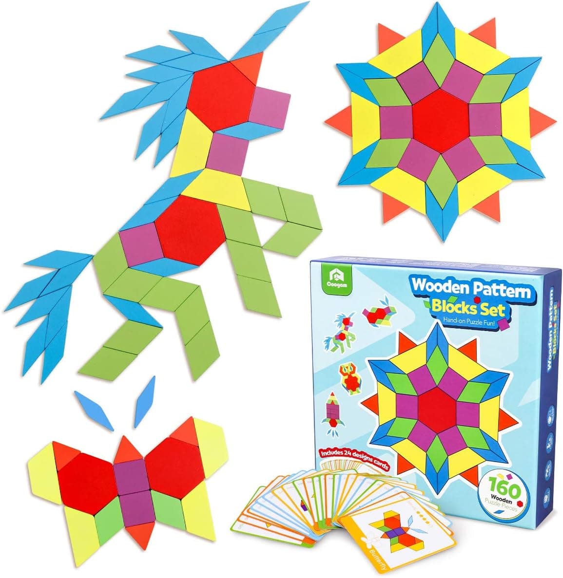 Coogam 160 PCS Wooden Shape Puzzle Pattern Blocks, Geometric Tangrams Game Brain Teaser Toy, Geo Preschool Learning Activity STEM Montessori Gift for Kids with 24 Pcs Design Cards