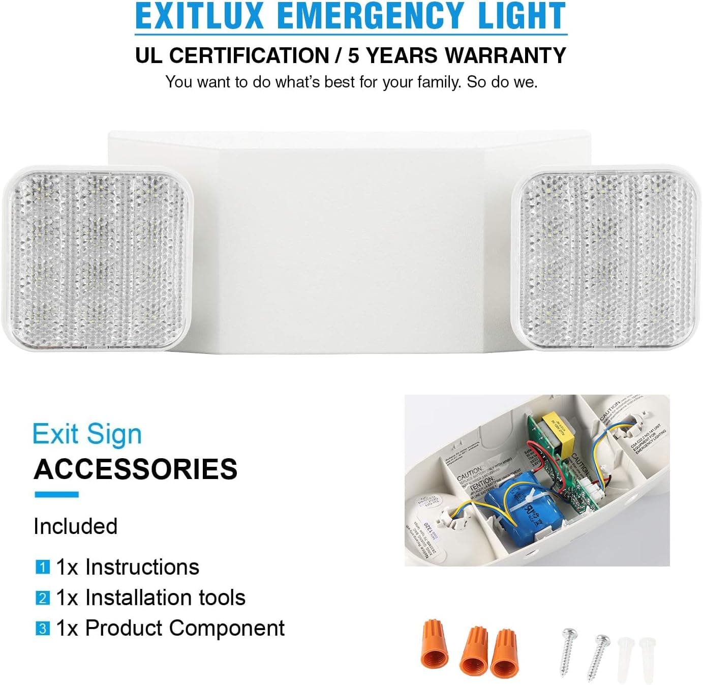 EXITLUX 2 Packs Emergency Light with Two Square Led Heads&Battery Powered Emergency Lights-Emergency Exit Light-US Standard Emergency Exit Light-120/277VAC White Emergency Lighting for Business/Home.