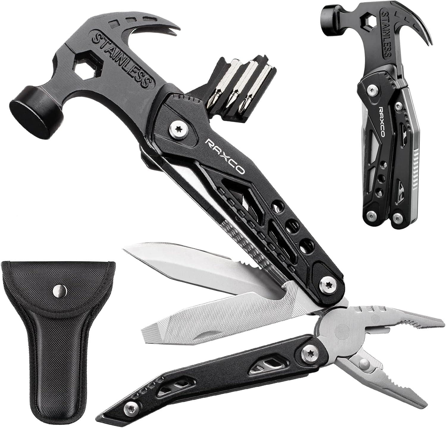Multitool Hammer 15 in 1 Mini Hammer multitool with Pliers Claw Hammer Multi Tool with Screwdrivers, Multitool Pocket Clip, New Year & Birthday & Father Day Gift (Black)
