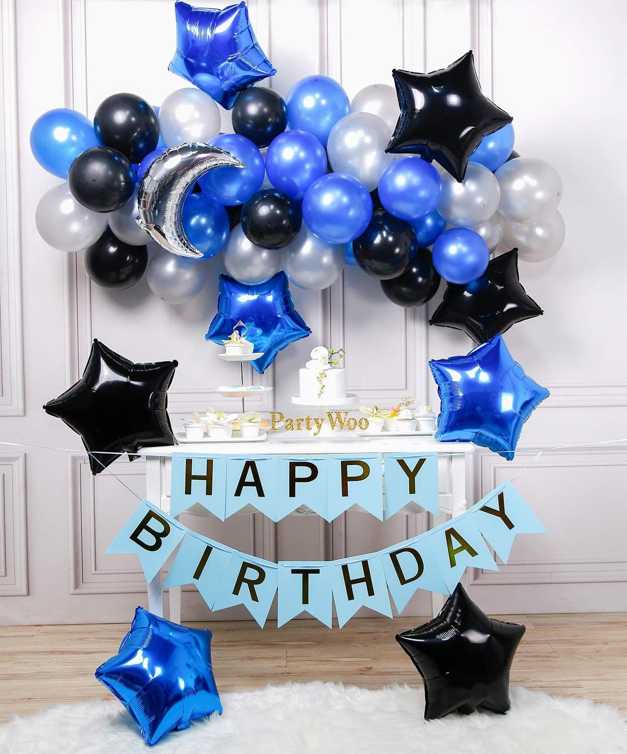 PartyWoo Blue Black Silver Balloons, 55 pcs Silver Moon Balloon, Mylar Star Balloons, Blue Happy Birthday Balloons, Royal Blue and Silver Balloons, Moon and Star Balloons for Blue Black Birthday